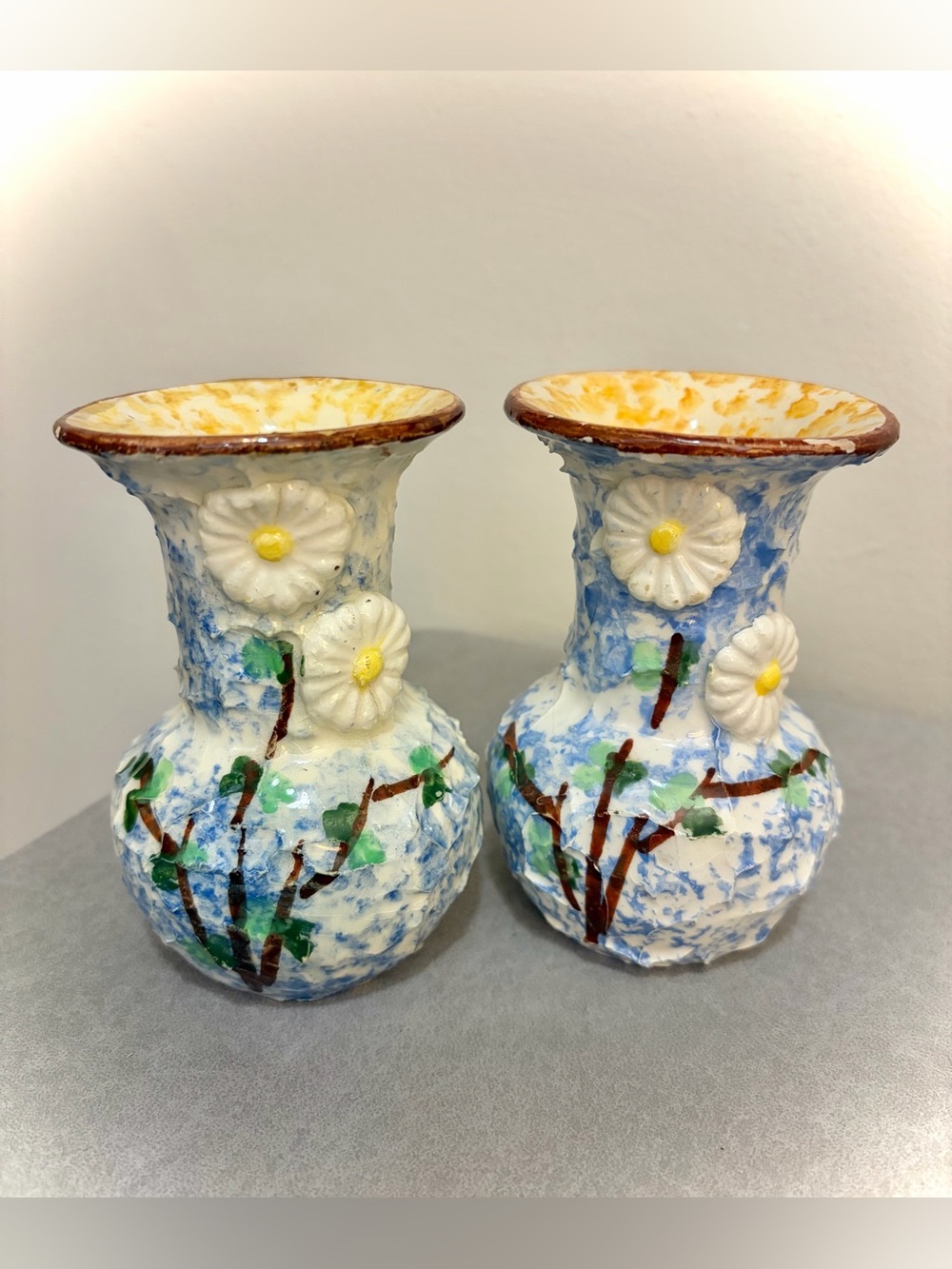 Pair Vintage Italy Hand-Painted Floral Textured Vases Blue White Signed 4.5”
